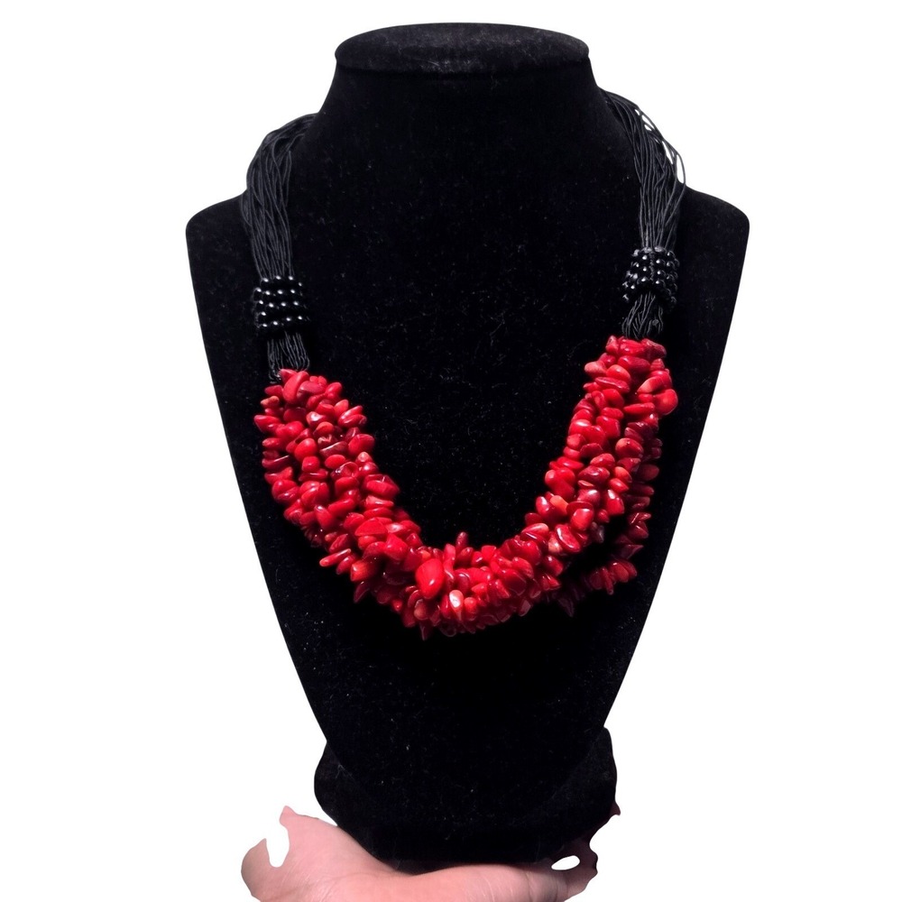 Vintage Red Coral Chip Multi Strand Statement Necklace Black Cord Bead Accents